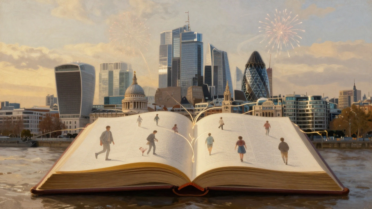 London’s iconic buildings as pages of a glowing book, inscribed with memories of city life.