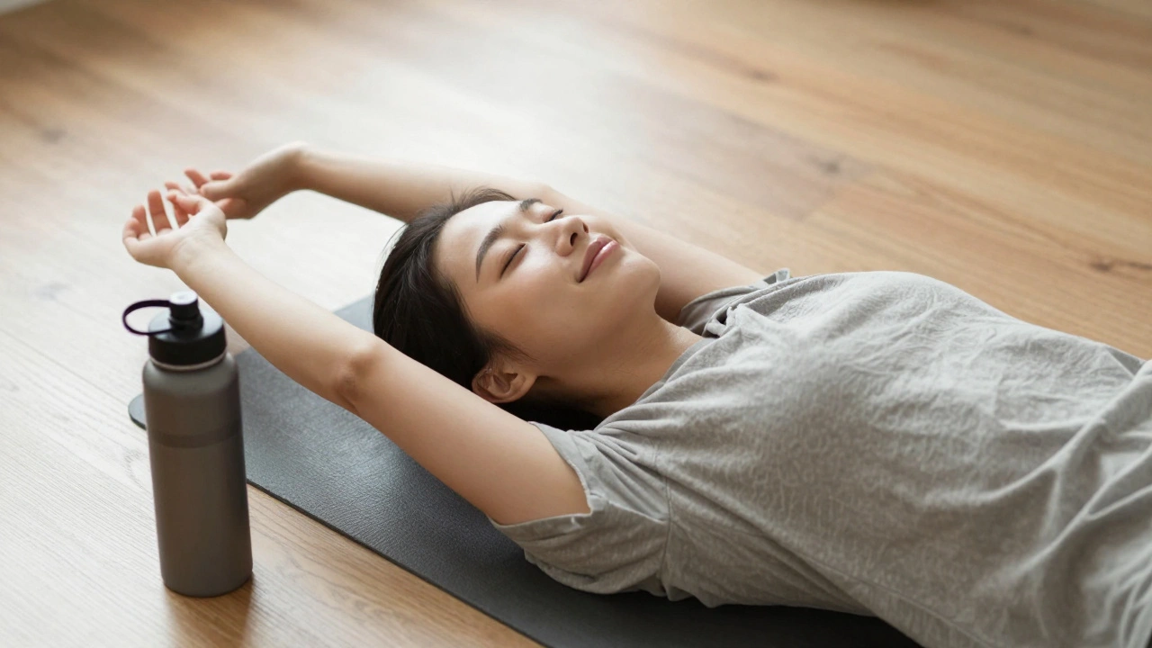 Person stretching comfortably after a deep tissue massage, smiling with a water bottle nearby.