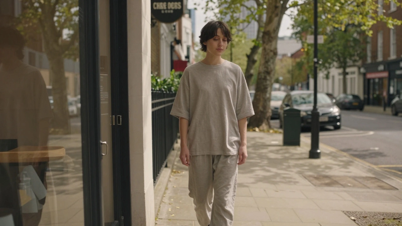Person walking out of a London massage studio, calm and refreshed in urban setting.