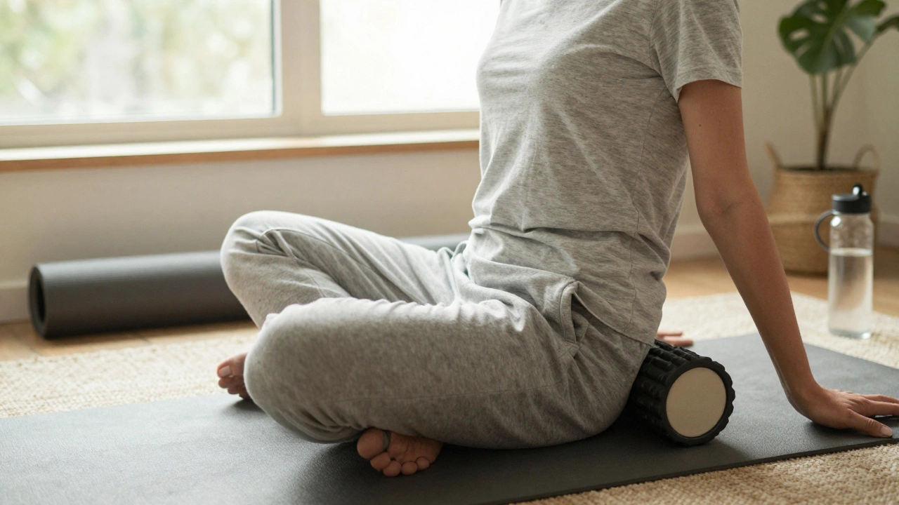Someone using a foam roller on their back at home, dressed casually in a peaceful, sunlit room.