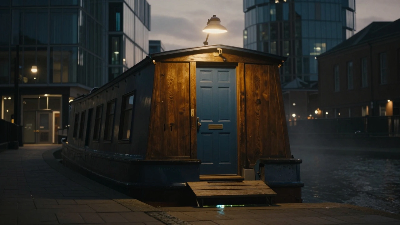 The 17th-century Old Barge building with a blue door, standing alone between modern skyscrapers at twilight.