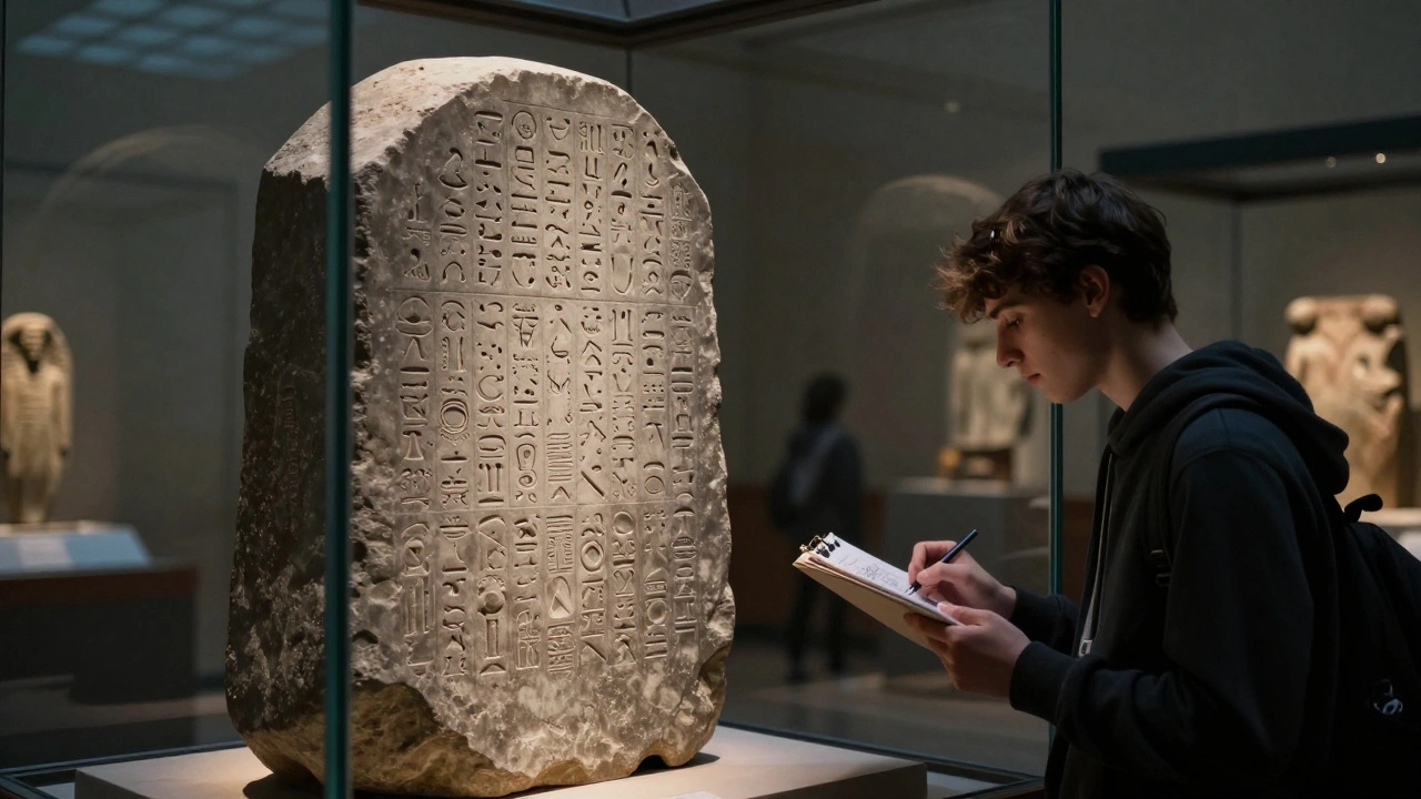 The Rosetta Stone illuminated in its glass case, with a student sketching nearby in the museum.