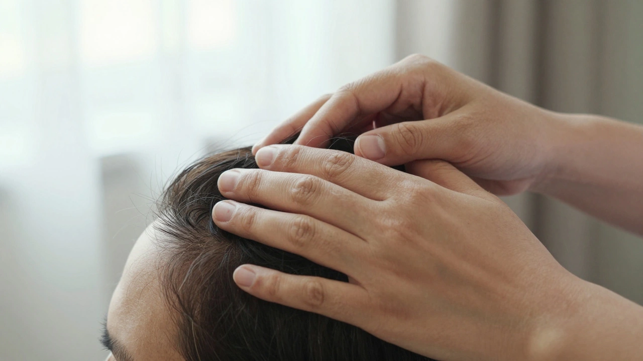 Therapist's hands gently pressing on a scalp during a head massage, natural light.