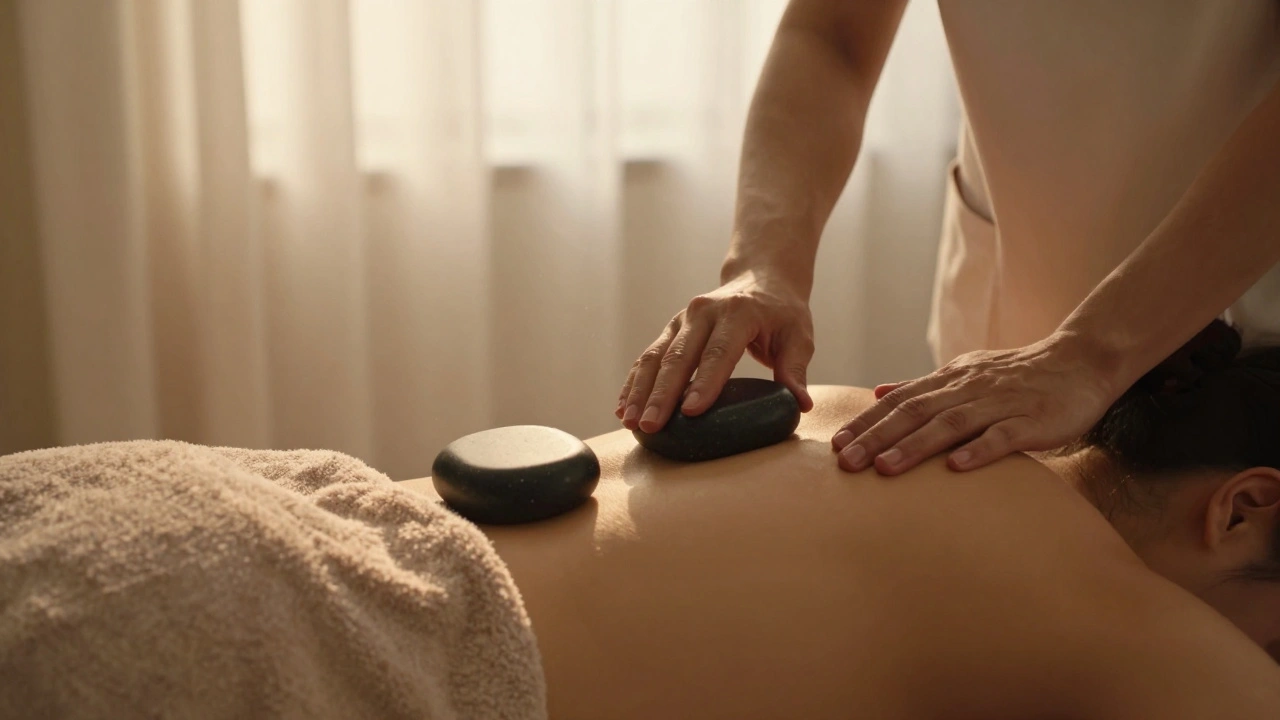 Therapist placing a heated stone along a client's spine, covered by a warm towel in a calm spa setting.