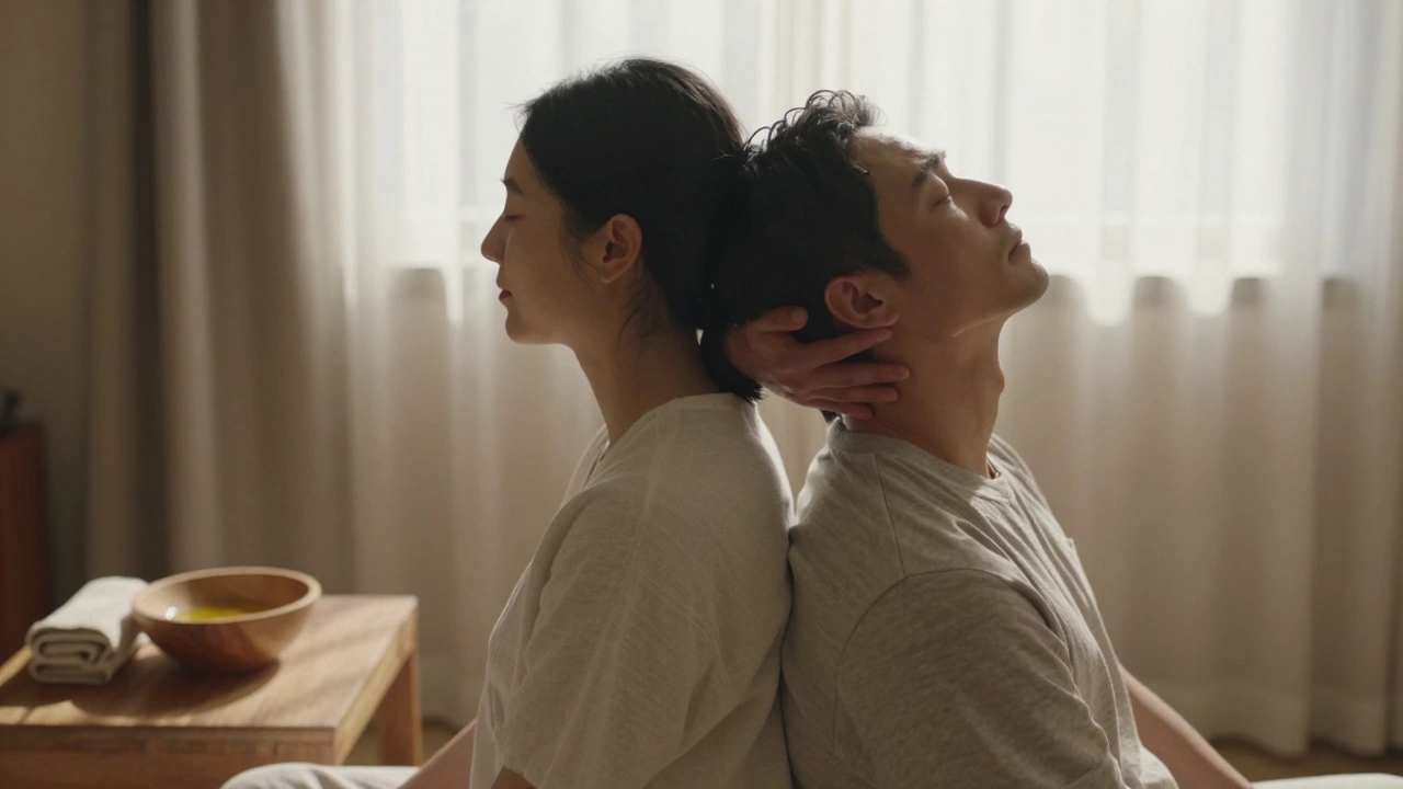 Two people sitting back-to-back, one giving a gentle head massage to the other in a sunlit, peaceful room.