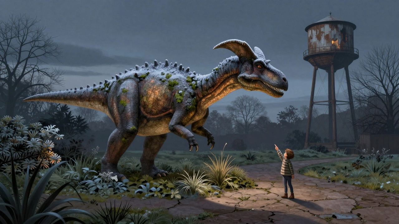 Victorian dinosaur sculptures covered in moss at Crystal Palace Park at twilight.