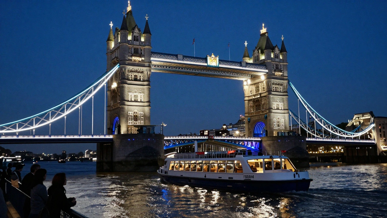 View from the river looking up at Tower Bridge mid-lift, glowing blue and white under night lights.