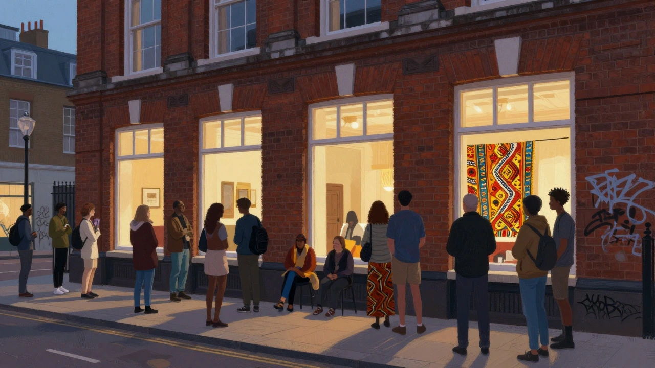 Whitechapel Gallery at dusk with a crowd gathered outside for an artist talk, warm light spilling from its windows.