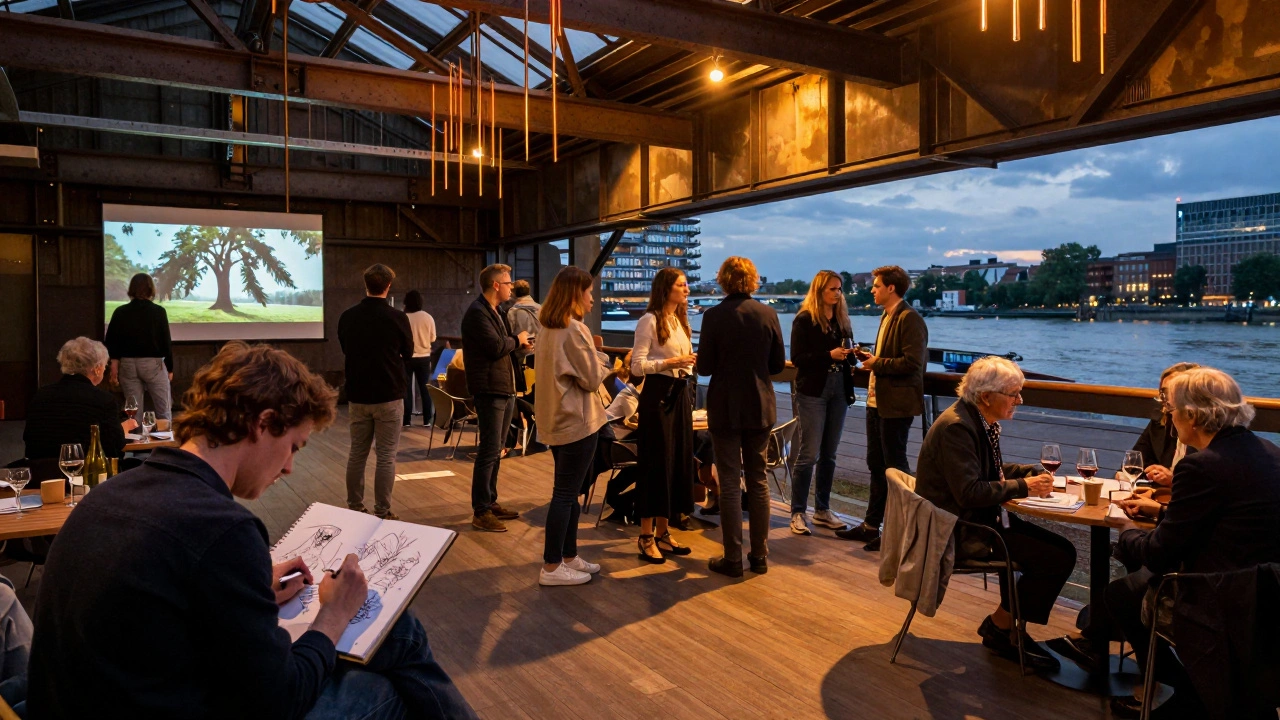 A diverse crowd enjoying live music and art in Tate Modern's Turbine Hall at dusk.