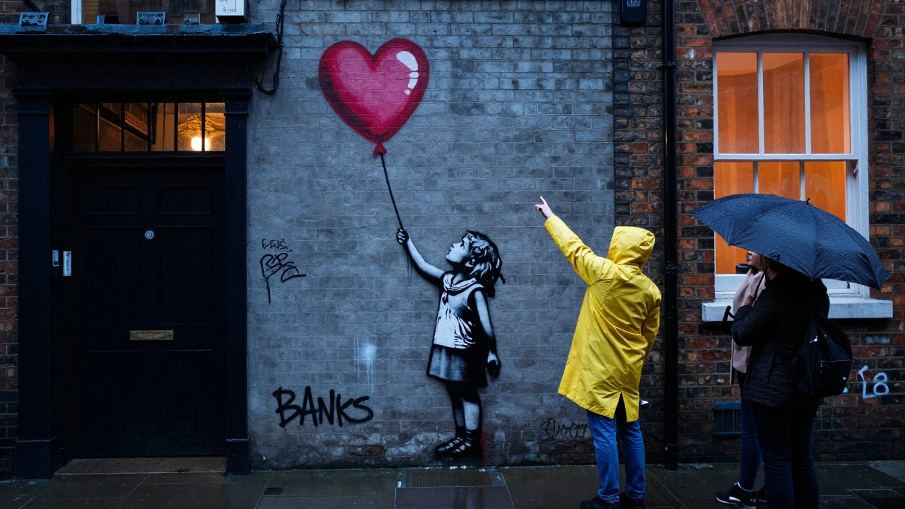 A guide points to a Banksy mural in Shoreditch under twilight rain, tourists with umbrellas capturing the iconic image.