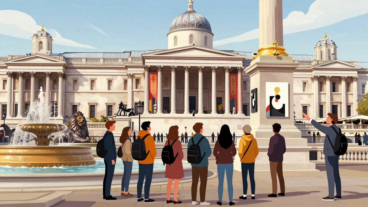 A guided tour group gathers around the fourth plinth in Trafalgar Square with the National Gallery in the background.