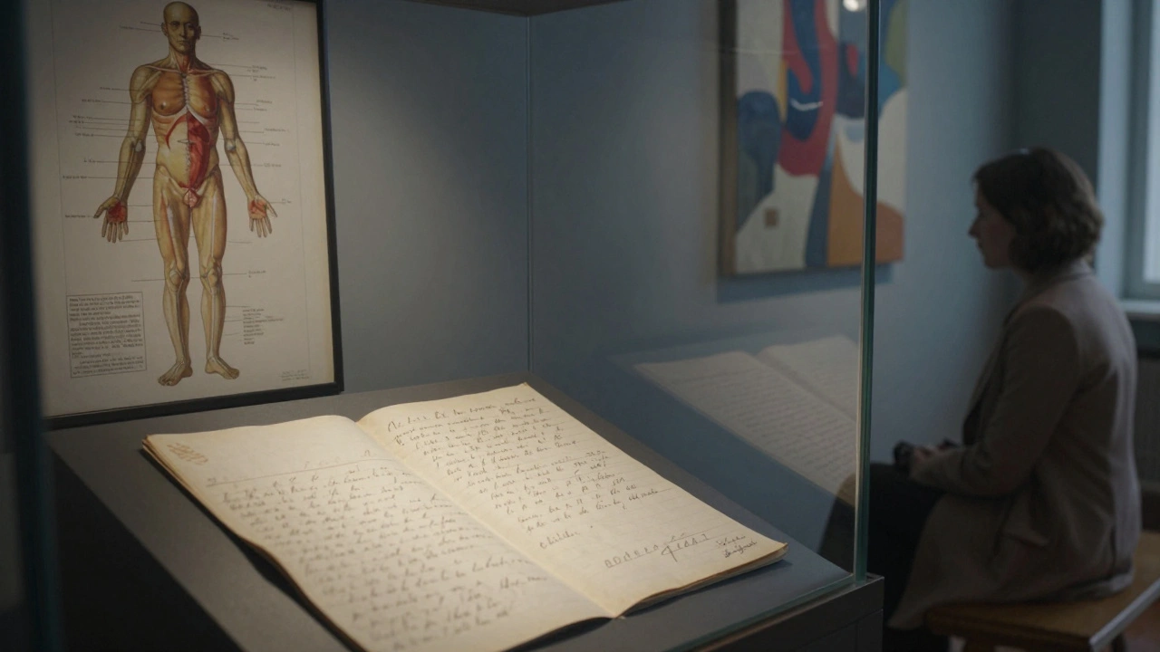 A handwritten 19th-century letter from a Bedlam patient displayed with medical art in soft focus.