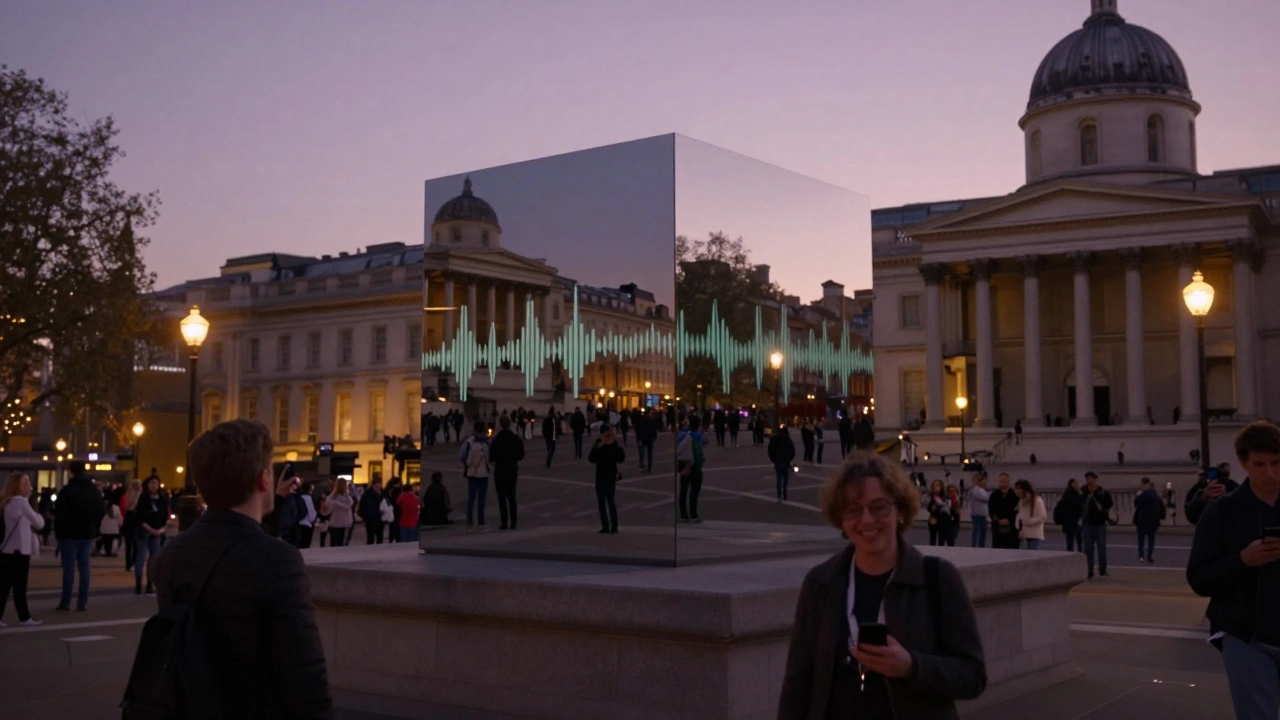 A mirrored cube sculpture on the Fourth Plinth reflecting distorted images of visitors under warm evening lights in Trafalgar Square.