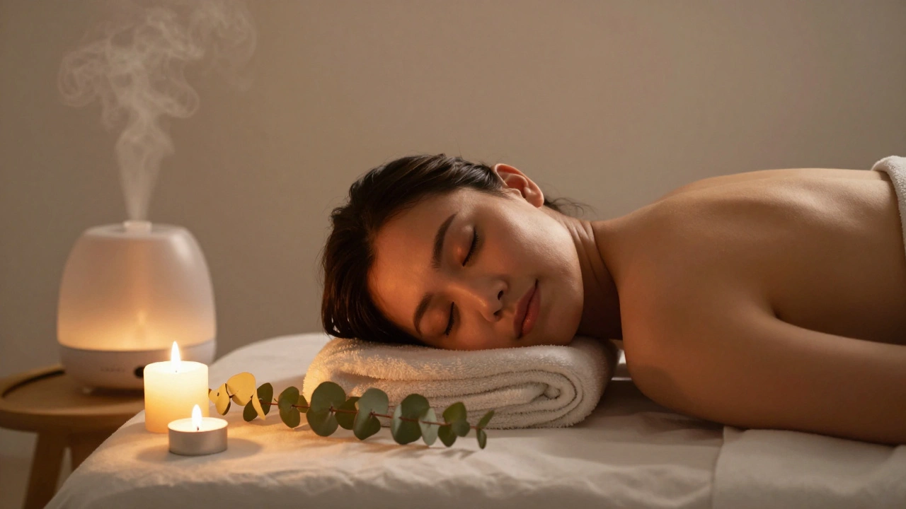 A person lying peacefully on a massage table, eyes closed, with candles and eucalyptus leaves nearby.
