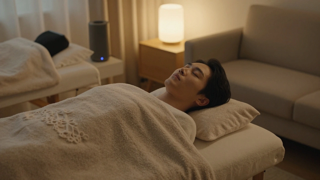 A person resting peacefully under a sheet in their living room, eyes closed, in calm relaxation.