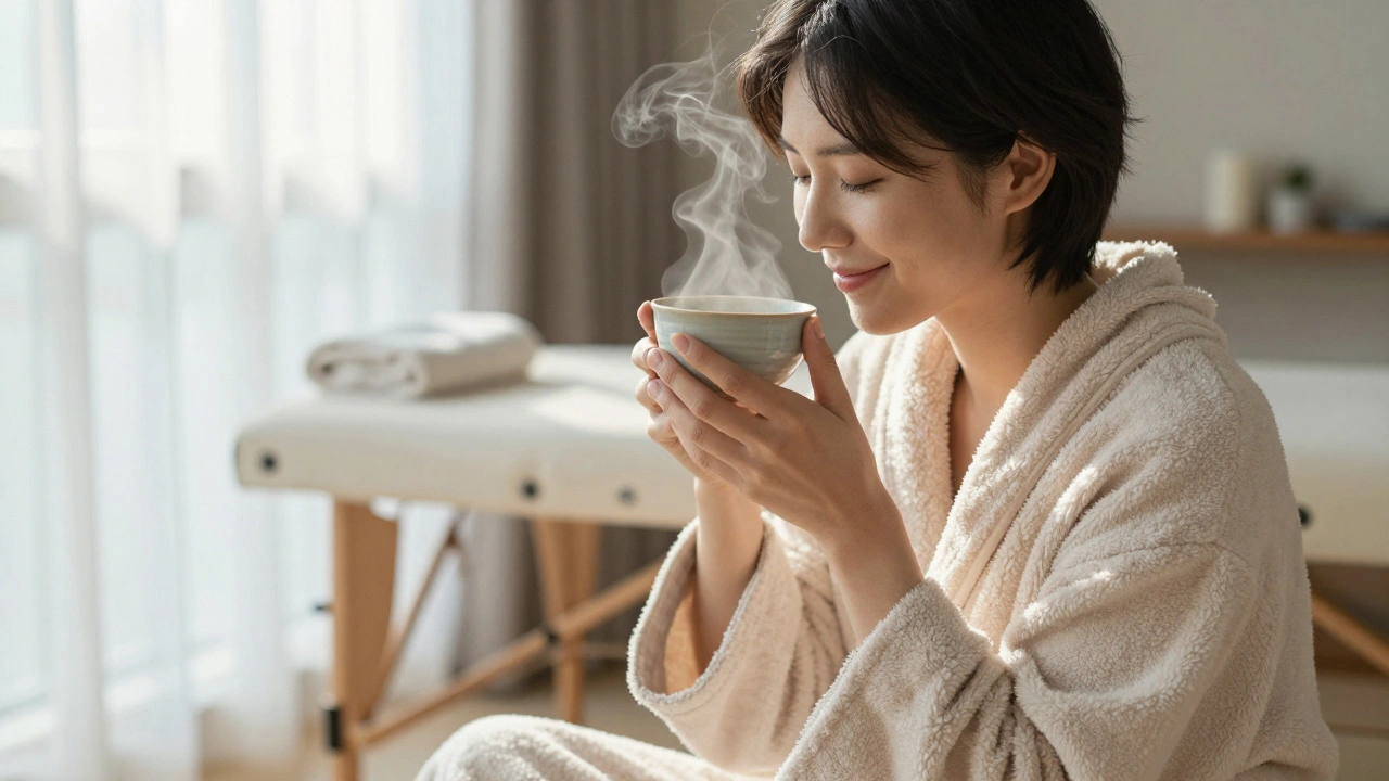 A person smiling in a robe, sipping tea by a window after a massage.