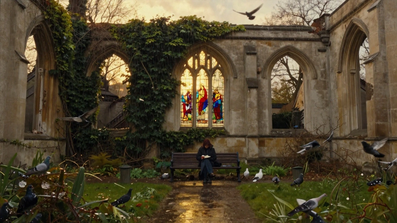 A ruined church garden at sunset, ivy-covered arches and a lone person reading by a glowing stained-glass window.