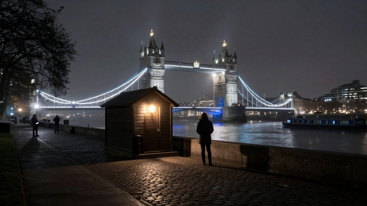 A solitary figure before a wooden barge chapel on the Thames at night, lit by a single lantern.