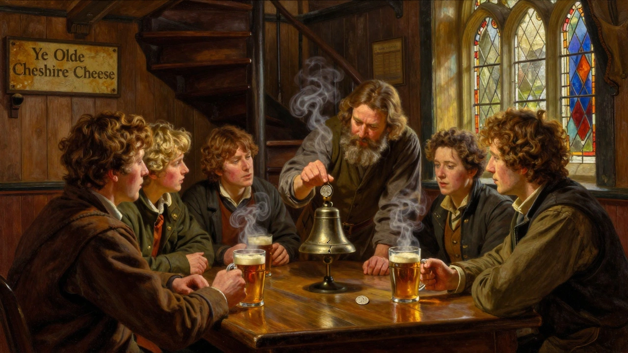 A storyteller in a historic pub demonstrates how a penny fixes Big Ben’s clock, surrounded by ale mugs and stained glass.