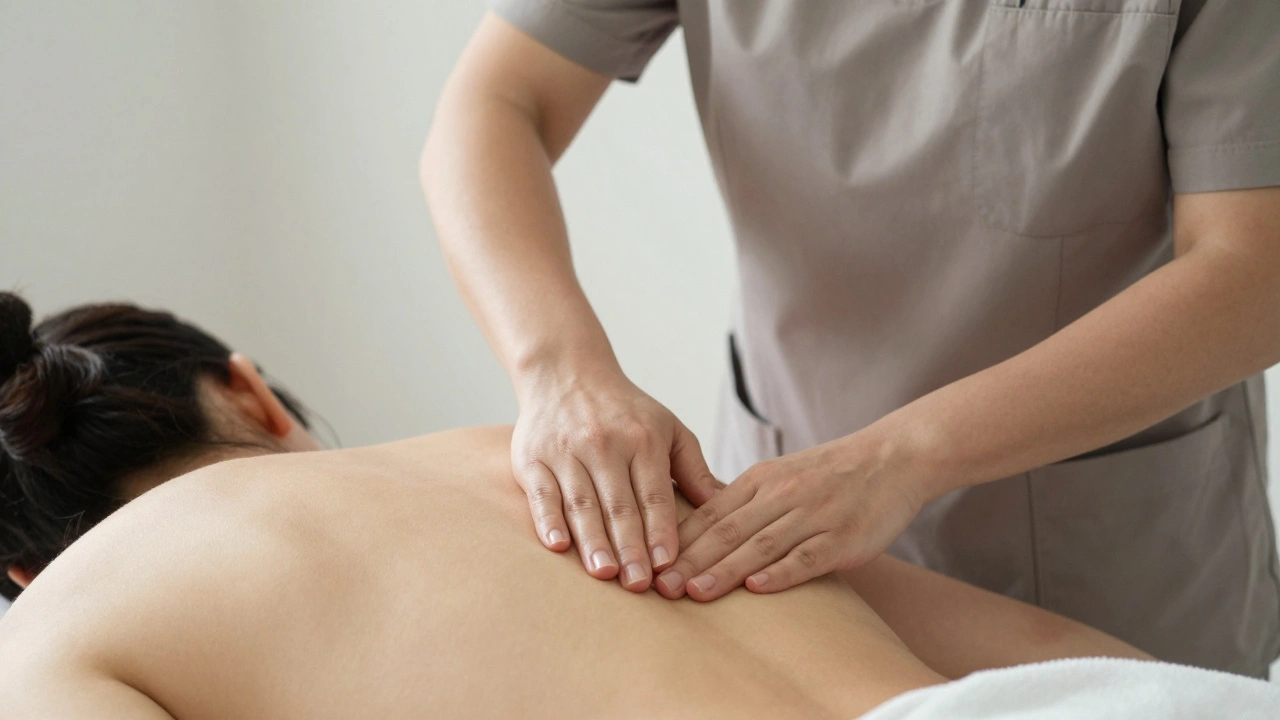 A therapist gently working on a client's shoulder with proper draping and focused technique.