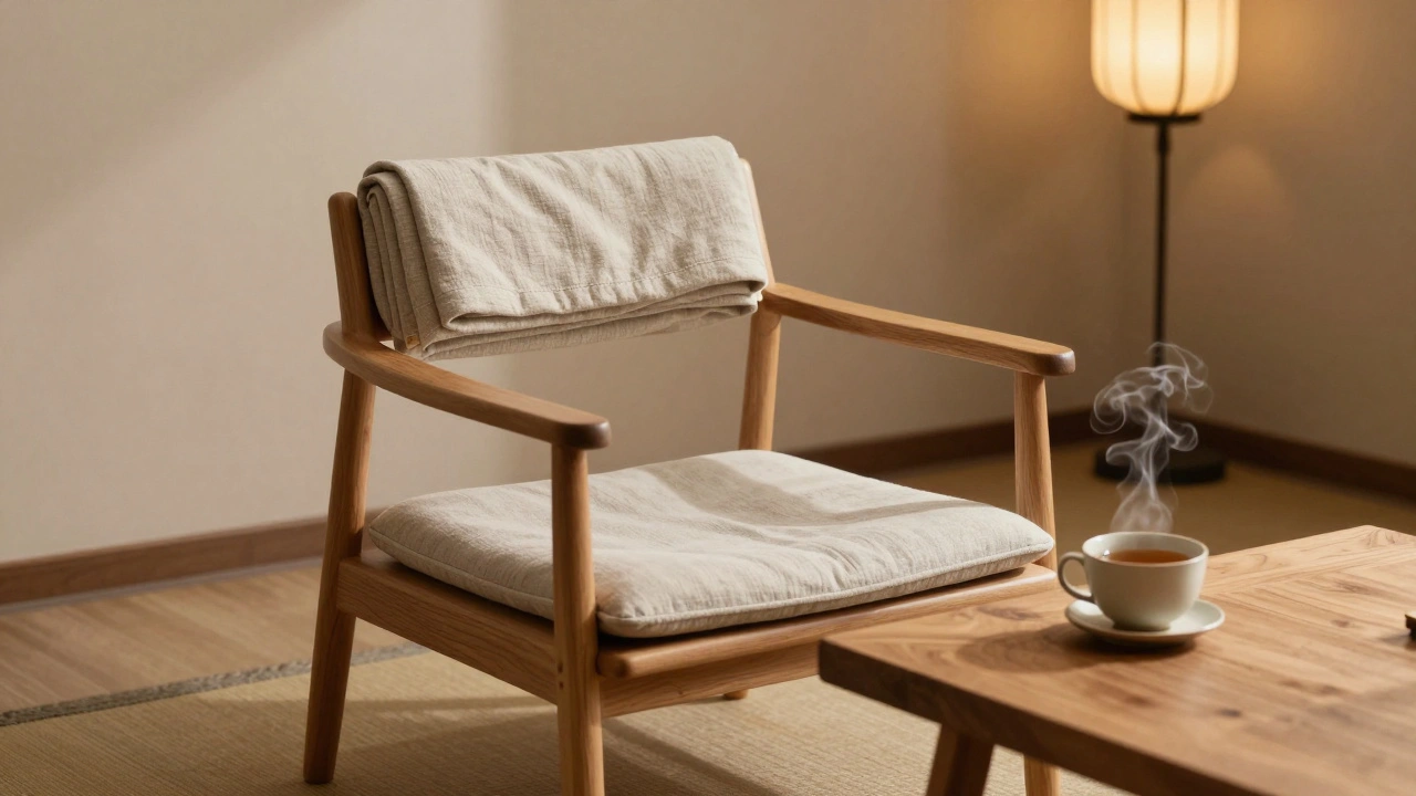 A wooden massage chair with a blanket and steaming herbal tea beside it.