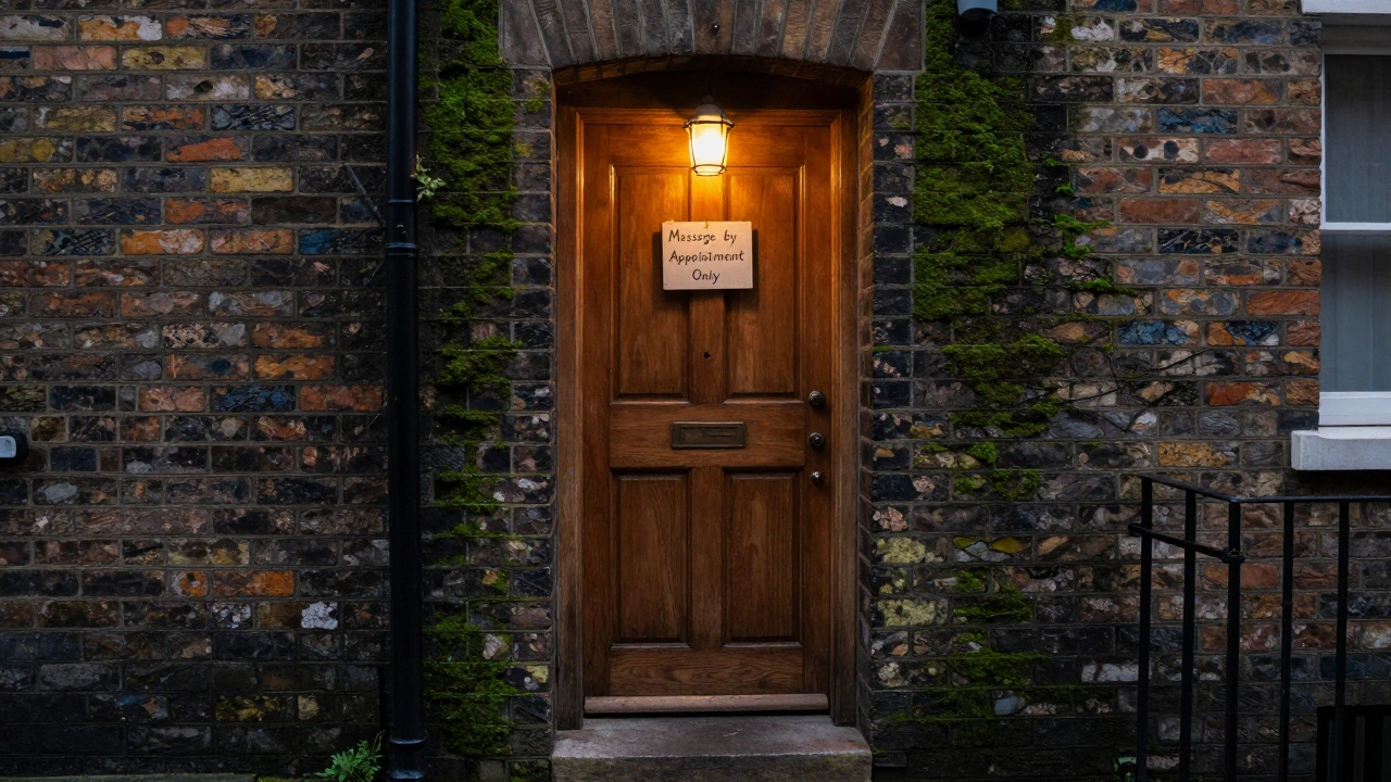 An unmarked door in a narrow East London alley with a small handwritten sign and a glowing lantern.