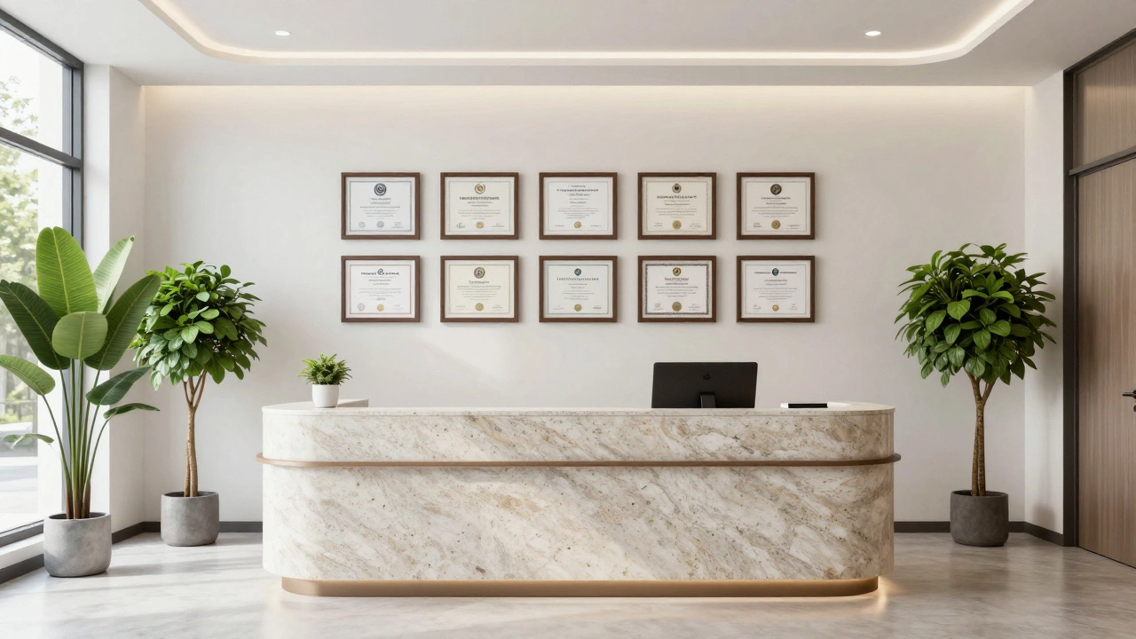 Clean clinic reception with certification frames on wall