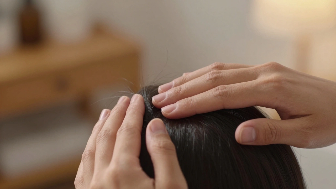 Close-up of fingers making circular motions on a scalp with soft background blur.