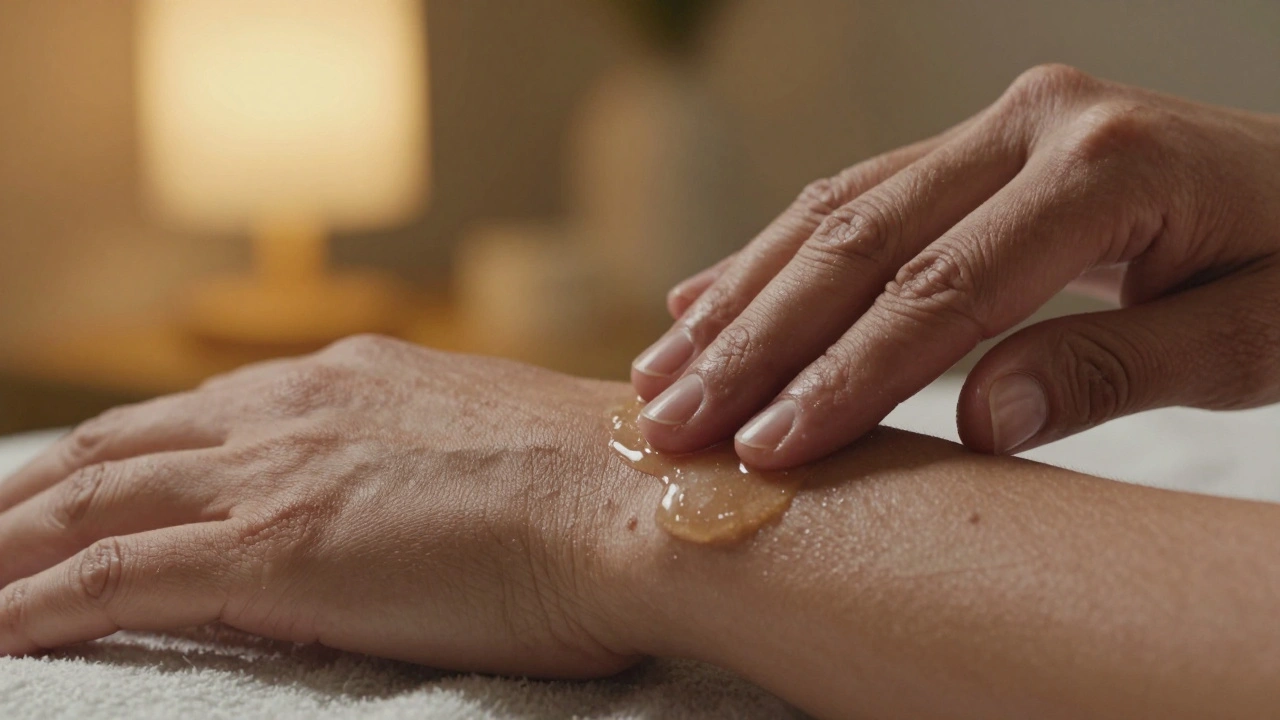 Close-up of hands applying massage oil to a forearm with warm natural lighting and glistening oil.