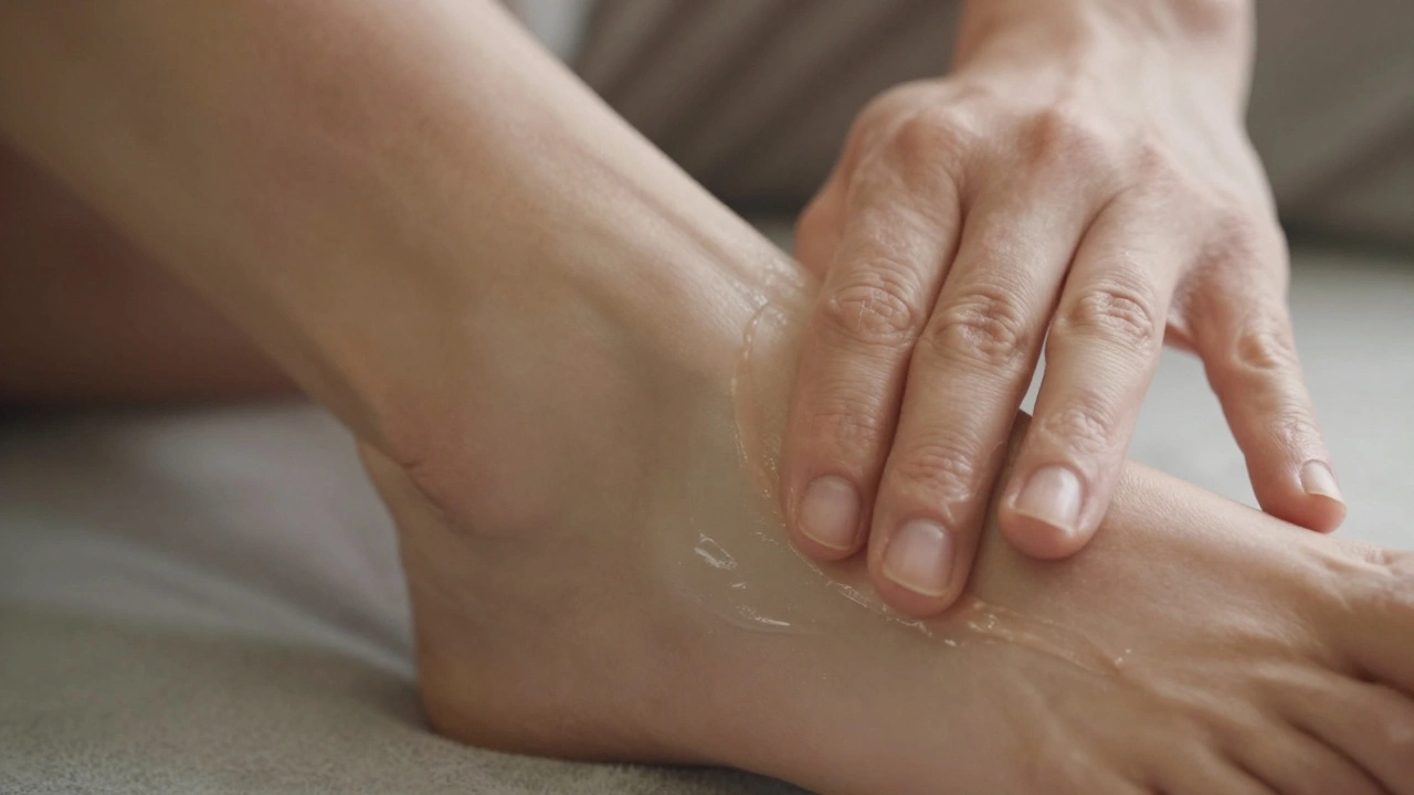Close-up of thumbs applying pressure to the arch of a bare foot with lotion.