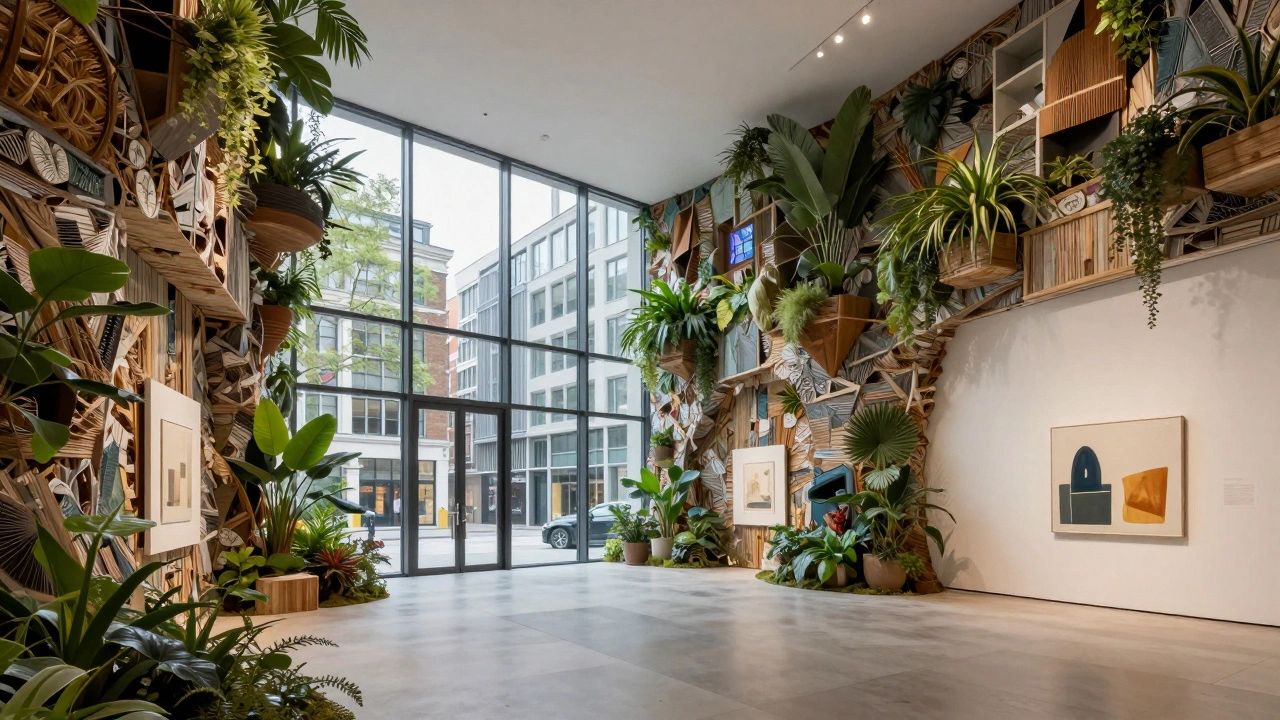 Contemporary gallery interior featuring sustainable design elements and natural light.