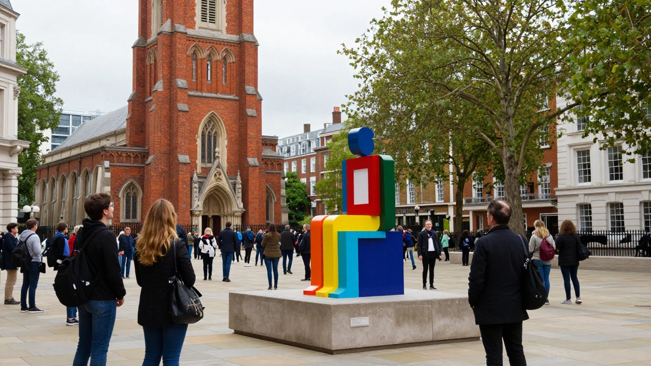 Contemporary sculpture on Fourth Plinth with visitors nearby.