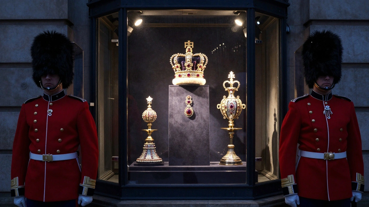 Crown Jewels displayed in a secure vault under guard by Yeoman Warders.