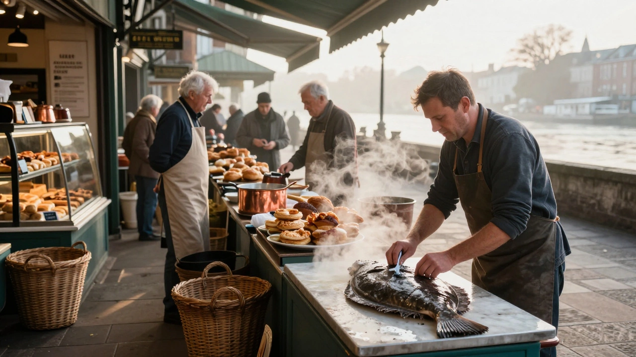Dawn at Borough Market with a fishmonger preparing turbot and steam rising from pastries.