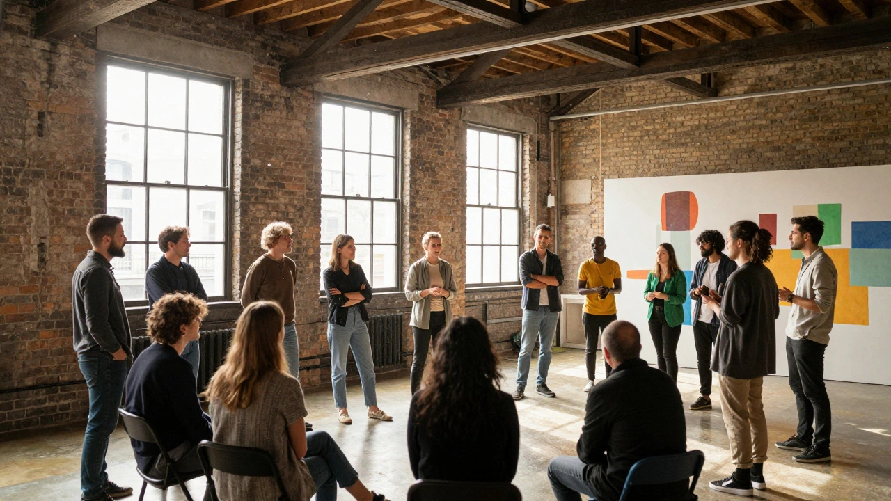 Diverse group attending an art workshop inside a converted industrial warehouse.