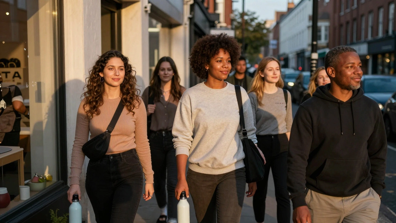 Diverse people leaving a massage studio in East London at dusk, smiling and carrying water bottles.