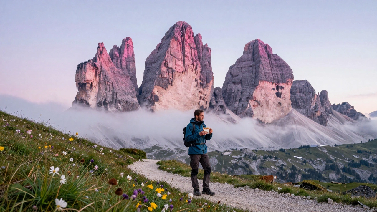 Dolomites peaks at sunrise with hiker holding a British sandwich on the trail.