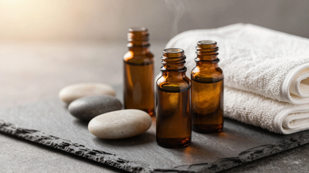 Essential oil bottles and folded towels on a textured slate surface.