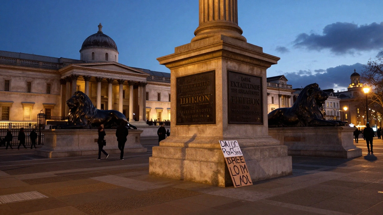 Evening in Trafalgar Square with golden lamplight, long shadows, and a protest sign resting against the empty plinth.