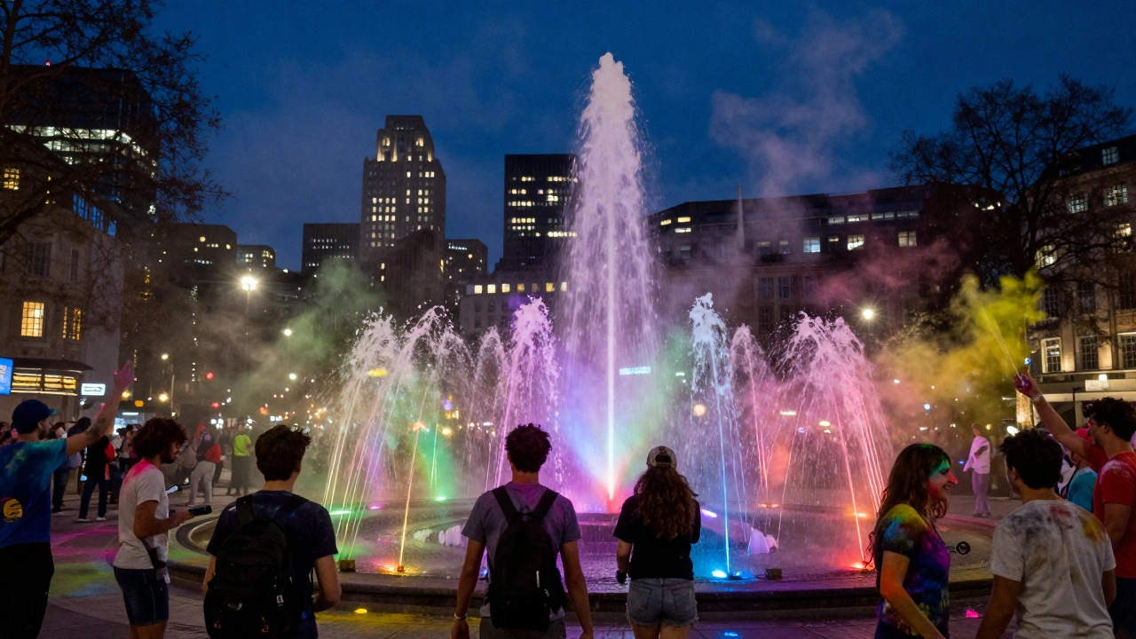 Festive crowd celebrating with colored powder at Trafalgar Square night.