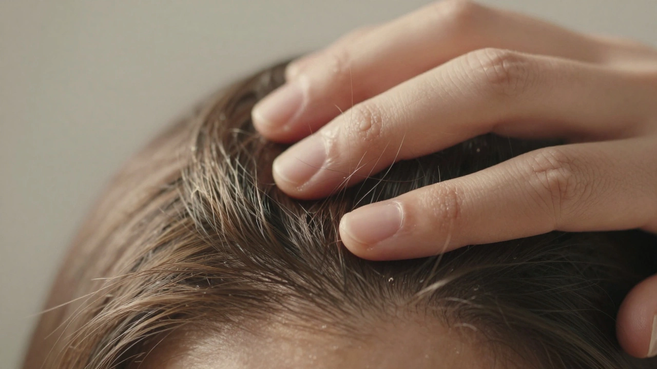 Fingers gently circling on a scalp under soft, warm lighting.