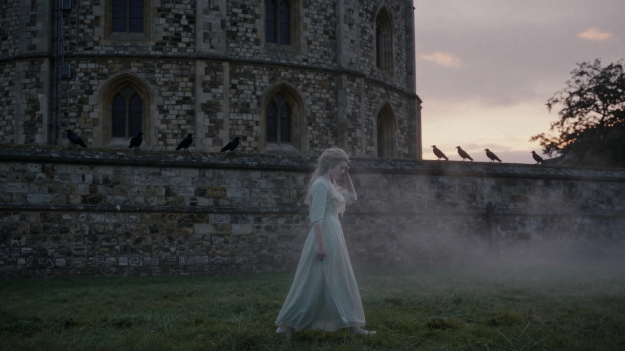 Ghostly figure of Anne Boleyn walking on Tower Green at dusk with ravens watching.