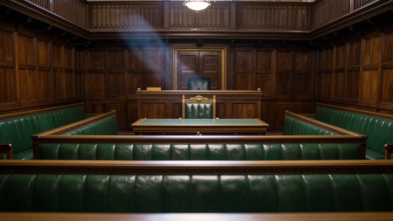 Green benches in the House of Commons chamber with dark wood paneling.