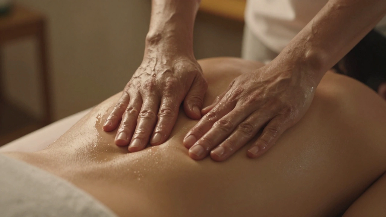 Hands performing gentle gliding strokes on a back, oil glistening under warm light.