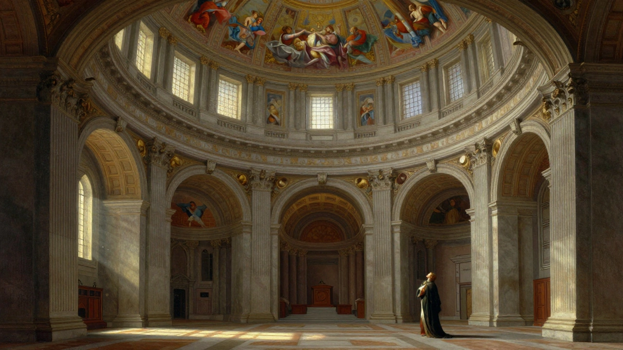 Interior of St. Paul's Cathedral showing the painted dome and sunlight filtering through high windows.