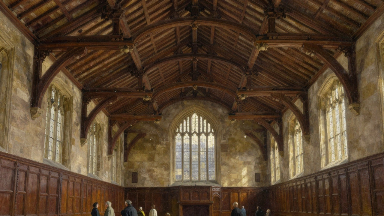 Medieval wooden hammerbeam roof structure inside historic Westminster Hall.