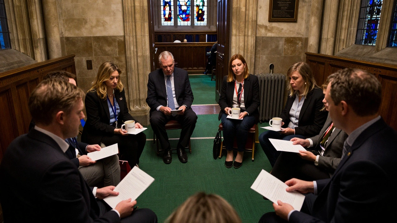 MPs exchange notes in the quiet Lobby of the Commons, coffee mugs and a radiator in the background, late-night vote looming.