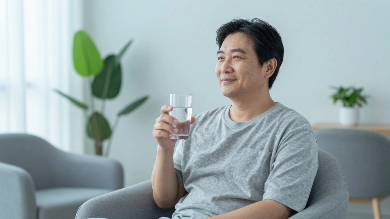 Relaxed person drinking water in a bright wellness recovery room.