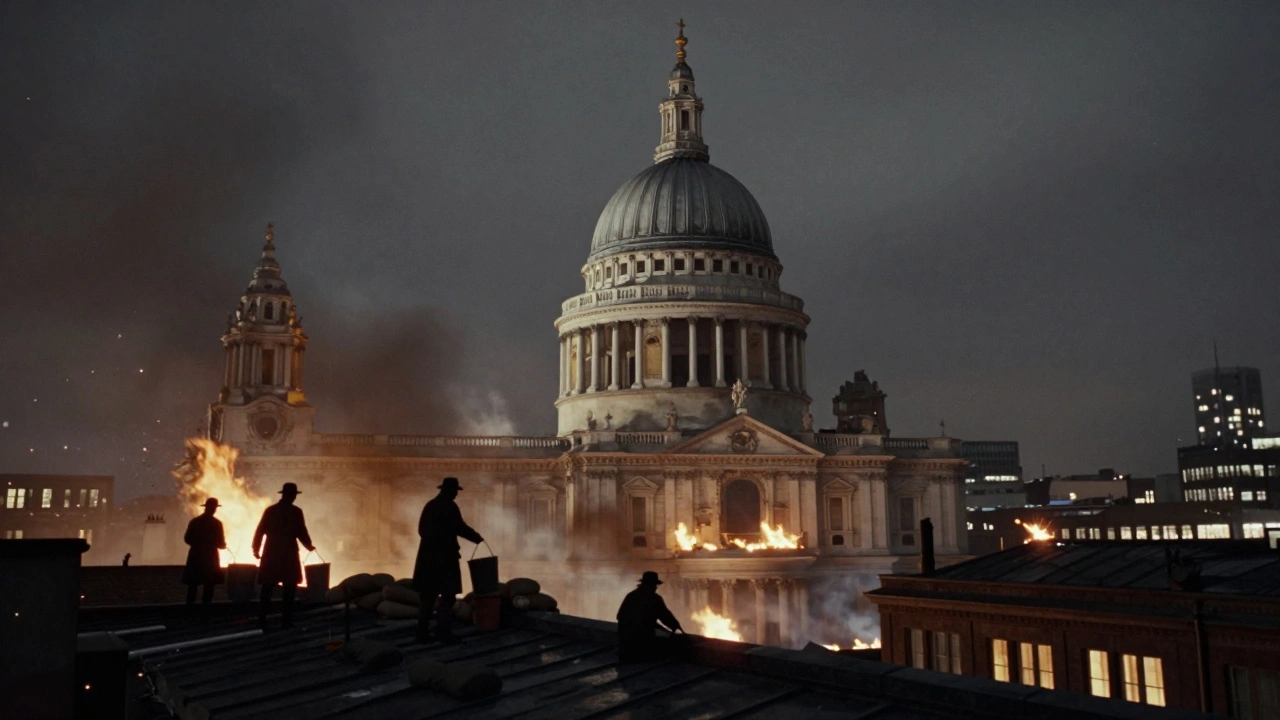 St. Paul's Cathedral during the Blitz, surrounded by smoke and fire, with volunteers on the roof.