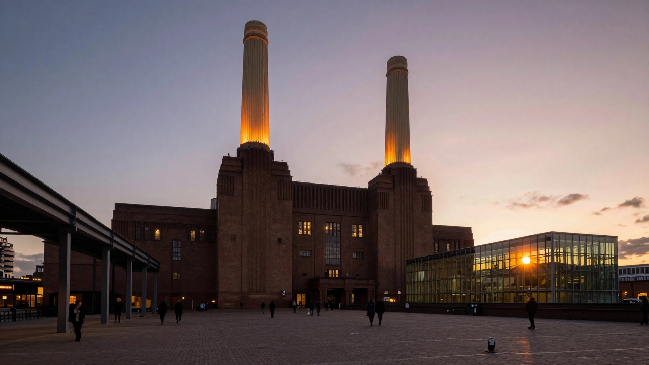 Tate Modern at sunset, its chimney glowing against the Thames, with Turbine Hall silhouette visible.
